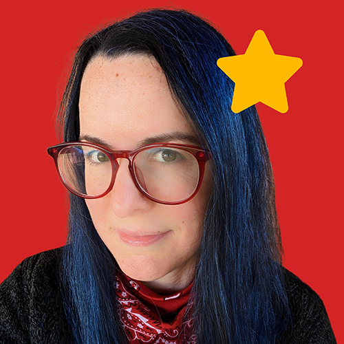 image of Cassie on red background with yellow star
